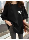 Kadın Eğlenceli Harf NY Baskılı Bisiklet Yaka Tişört - Rahat Polyester, Makinede Yıkanabilir - Yaz ve Fitness için Mükemmel, Yuvarlak Yaka - Siyah