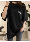 Kadın Eğlenceli Harf NY Baskılı Bisiklet Yaka Tişört - Rahat Polyester, Makinede Yıkanabilir - Yaz ve Fitness için Mükemmel, Yuvarlak Yaka - Siyah