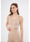 Kadın Fitilli Baskılı Crop - Bej