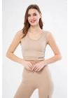 Kadın Fitilli Baskılı Crop - Bej