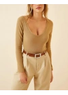 Kadın Fitilli Likralı Body Crop - Camel