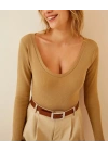 Kadın Fitilli Likralı Body Crop - Camel