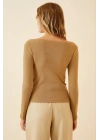 Kadın Fitilli Likralı Body Crop - Camel