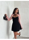 Kadın Göğsü Bağlamalı Kalp Yaka Kolları Şifon Mini Elbise - Siyah Pembe