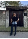 Kadın Jeans Kot Parçalı Palazzo Pantolon - Siyah