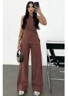 Kadın Keten Asimetrik Tek Omuzlu Bluz Pantalon Takım- Bordo