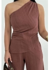 Kadın Keten Asimetrik Tek Omuzlu Bluz Pantalon Takım- Bordo