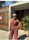 Kadın Keten Asimetrik Tek Omuzlu Bluz Pantalon Takım- Bordo