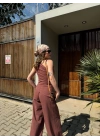 Kadın Keten Asimetrik Tek Omuzlu Bluz Pantalon Takım- Bordo