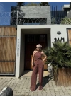Kadın Keten Asimetrik Tek Omuzlu Bluz Pantalon Takım- Bordo