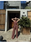 Kadın Keten Asimetrik Tek Omuzlu Bluz Pantalon Takım- Bordo