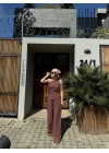 Kadın Keten Asimetrik Tek Omuzlu Bluz Pantalon Takım- Bordo