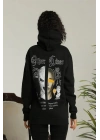 Kadın Sırt Baskılı Oversize Üç İplik Kapüşonlu Sweatshirt - Siyah