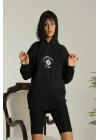 Kadın Sırt Baskılı Oversize Üç İplik Kapüşonlu Sweatshirt - Siyah