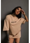 Kadın Sırt Golf Gtı Baskılı Oversize T-shirt - Bej