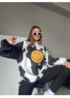 Kadın Smiley Face Kapüşonlu Sweatshirt - Siyah