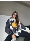 Kadın Smiley Face Kapüşonlu Sweatshirt - Siyah