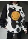 Kadın Smiley Face Kapüşonlu Sweatshirt - Siyah