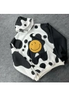 Kadın Smiley Face Kapüşonlu Sweatshirt - Siyah