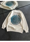 Kadın Üç İplik Bisiklet Yaka Baskılı SweatShirt - Beyaz