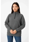 Kadın Üç İplik Dık Yaka Yarım Fermuarlı SweatShirt - Antrasit