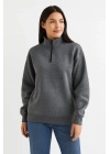 Kadın Üç İplik Dık Yaka Yarım Fermuarlı SweatShirt - Antrasit