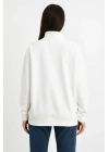 Kadın Üç İplik Dık Yaka Yarım Fermuarlı SweatShirt - Beyaz