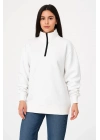 Kadın Üç İplik Dık Yaka Yarım Fermuarlı SweatShirt - Beyaz