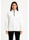 Kadın Üç İplik Dık Yaka Yarım Fermuarlı SweatShirt - Beyaz