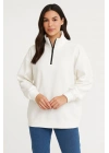 Kadın Üç İplik Dık Yaka Yarım Fermuarlı SweatShirt - Beyaz