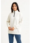 Kadın Üç İplik Dık Yaka Yarım Fermuarlı SweatShirt - Beyaz
