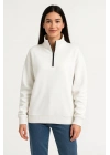 Kadın Üç İplik Dık Yaka Yarım Fermuarlı SweatShirt - Beyaz