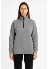 Kadın Üç İplik Dık Yaka Yarım Fermuarlı SweatShirt - Gri
