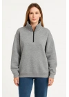 Kadın Üç İplik Dık Yaka Yarım Fermuarlı SweatShirt - Gri