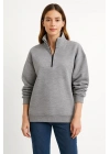 Kadın Üç İplik Dık Yaka Yarım Fermuarlı SweatShirt - Gri