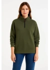 Kadın Üç İplik Dık Yaka Yarım Fermuarlı SweatShirt - Haki