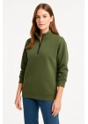 Kadın Üç İplik Dık Yaka Yarım Fermuarlı SweatShirt - Haki