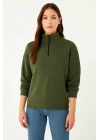 Kadın Üç İplik Dık Yaka Yarım Fermuarlı SweatShirt - Haki