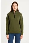 Kadın Üç İplik Dık Yaka Yarım Fermuarlı SweatShirt - Haki