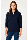 Kadın Üç İplik Dık Yaka Yarım Fermuarlı SweatShirt - Lacivert