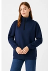 Kadın Üç İplik Dık Yaka Yarım Fermuarlı SweatShirt - Lacivert