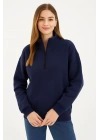 Kadın Üç İplik Dık Yaka Yarım Fermuarlı SweatShirt - Lacivert