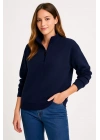 Kadın Üç İplik Dık Yaka Yarım Fermuarlı SweatShirt - Lacivert