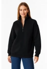 Kadın Üç İplik Dık Yaka Yarım Fermuarlı SweatShirt - Siyah
