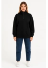 Kadın Üç İplik Dık Yaka Yarım Fermuarlı SweatShirt - Siyah