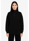 Kadın Üç İplik Dık Yaka Yarım Fermuarlı SweatShirt - Siyah