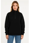 Kadın Üç İplik Dık Yaka Yarım Fermuarlı SweatShirt - Siyah