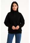 Kadın Üç İplik Dık Yaka Yarım Fermuarlı SweatShirt - Siyah