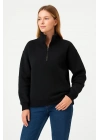 Kadın Üç İplik Dık Yaka Yarım Fermuarlı SweatShirt - Siyah