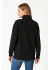 Kadın Üç İplik Dık Yaka Yarım Fermuarlı SweatShirt - Siyah